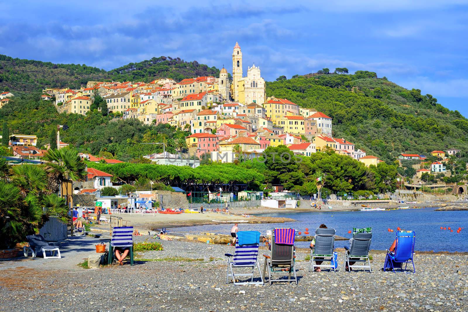 A beach on the mediterranean coast of italian Riviera by Cervo, Italy