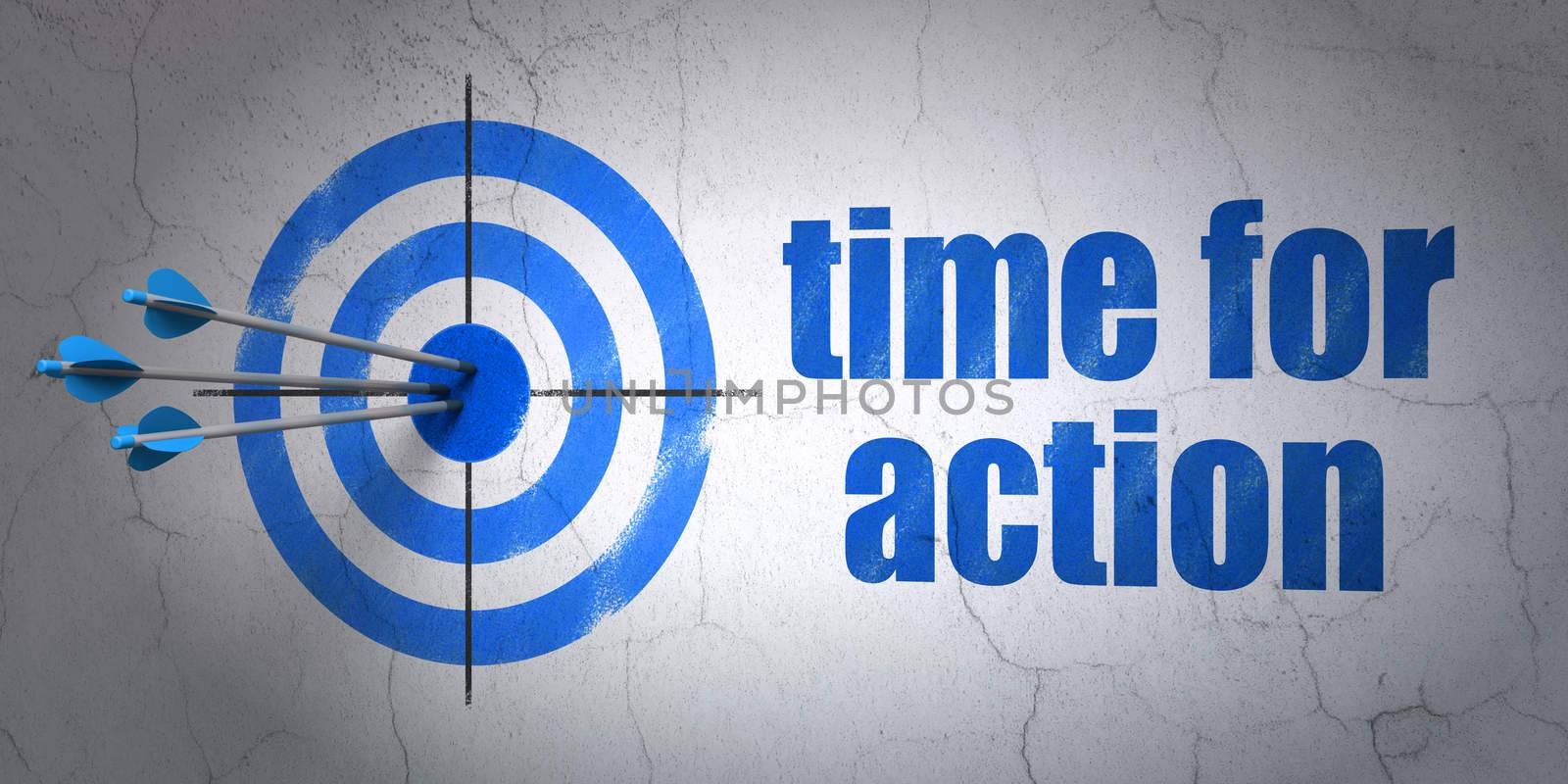 Success timeline concept: arrows hitting the center of target, Blue Time for Action on wall background