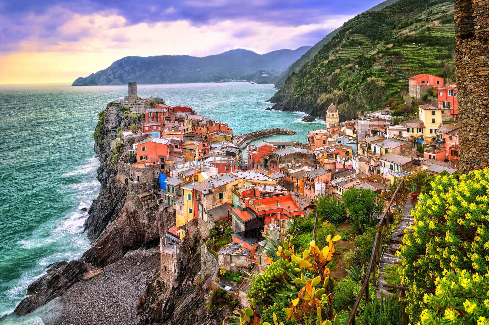 Vernazza in Cinque Terre, Liguria, Italy, on sunset