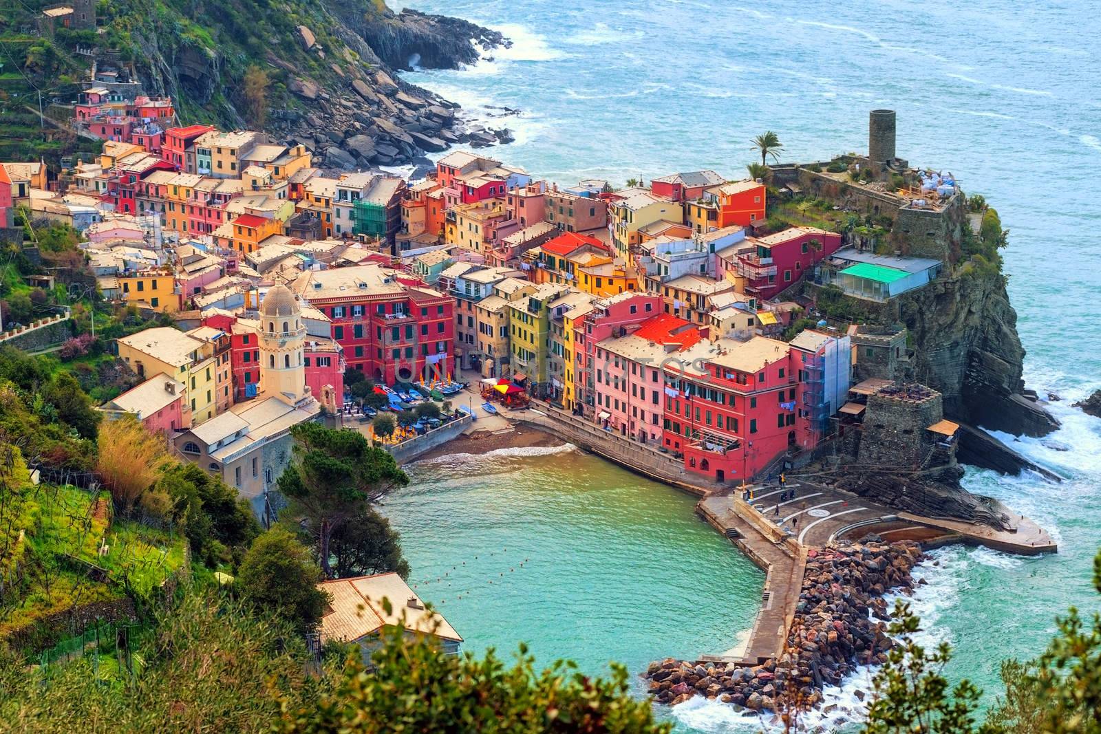 Vernazza in Cinque Terre, Italy, view from mountain trekking path