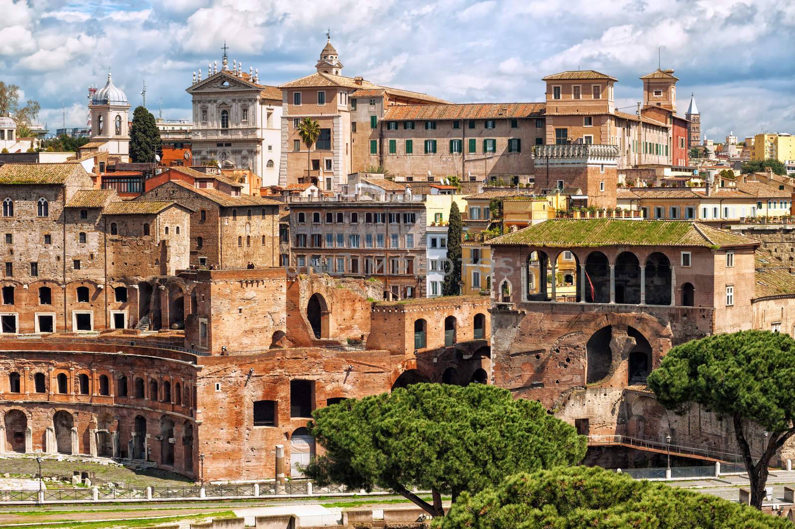 Rome, Italy with ruins of Trajan's Forum in foreground