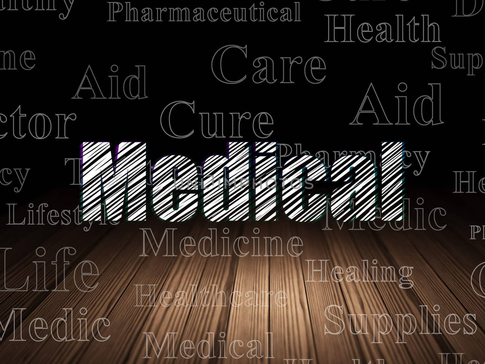 Healthcare concept: Glowing text Medical in grunge dark room with Wooden Floor, black background with  Tag Cloud