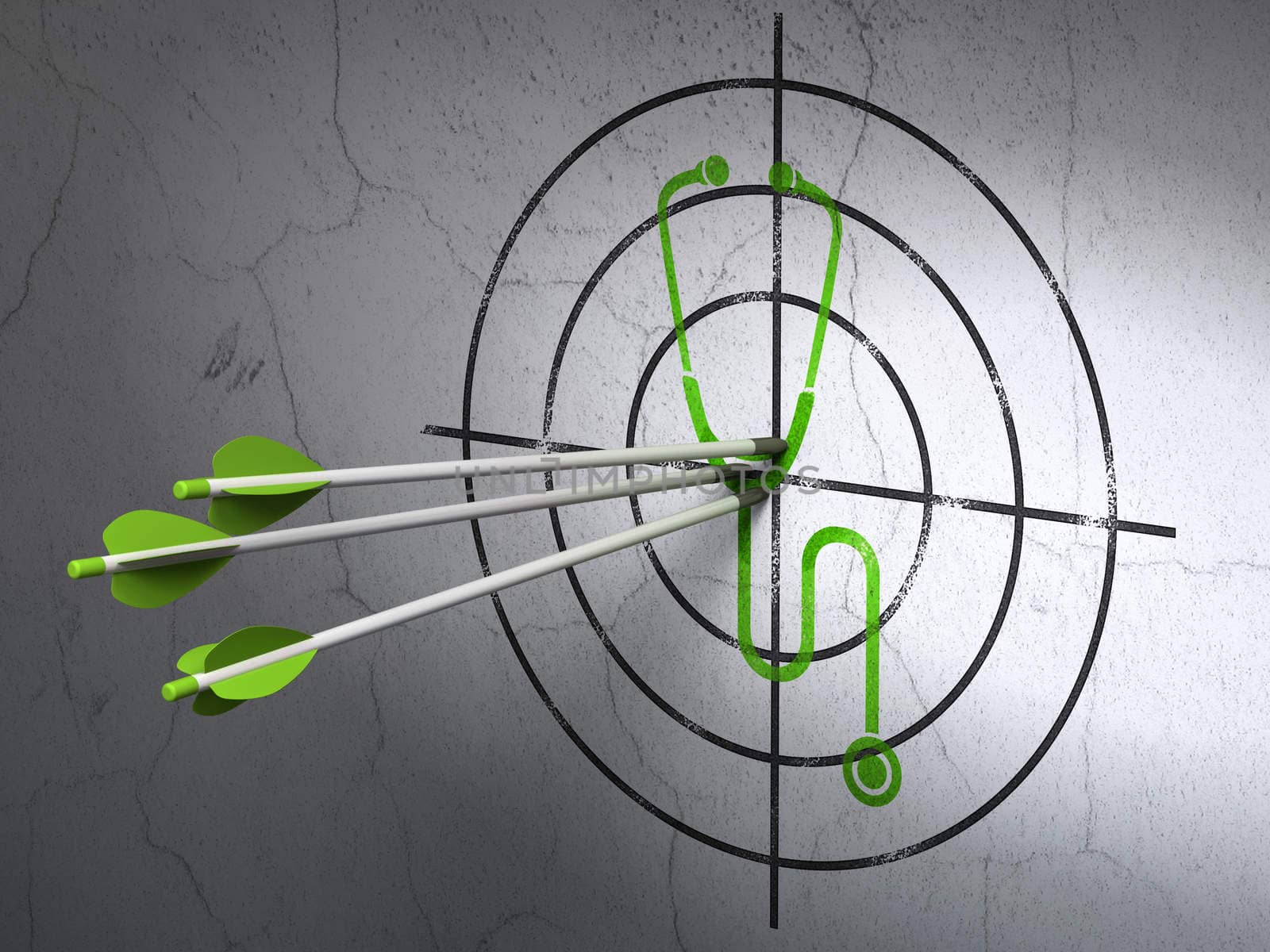 Success Medicine concept: arrows hitting the center of Green Stethoscope target on wall background
