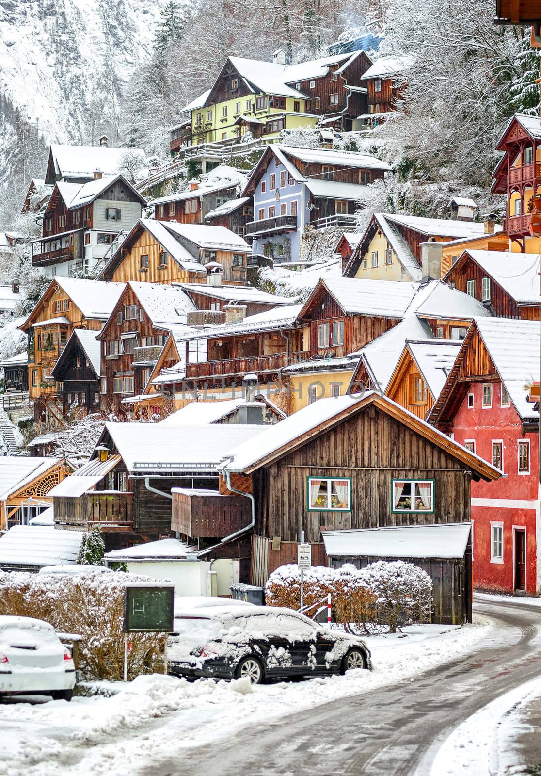 Wooden houses in Hallstatt, austrian alpine village by Salzburg by GlobePhotos