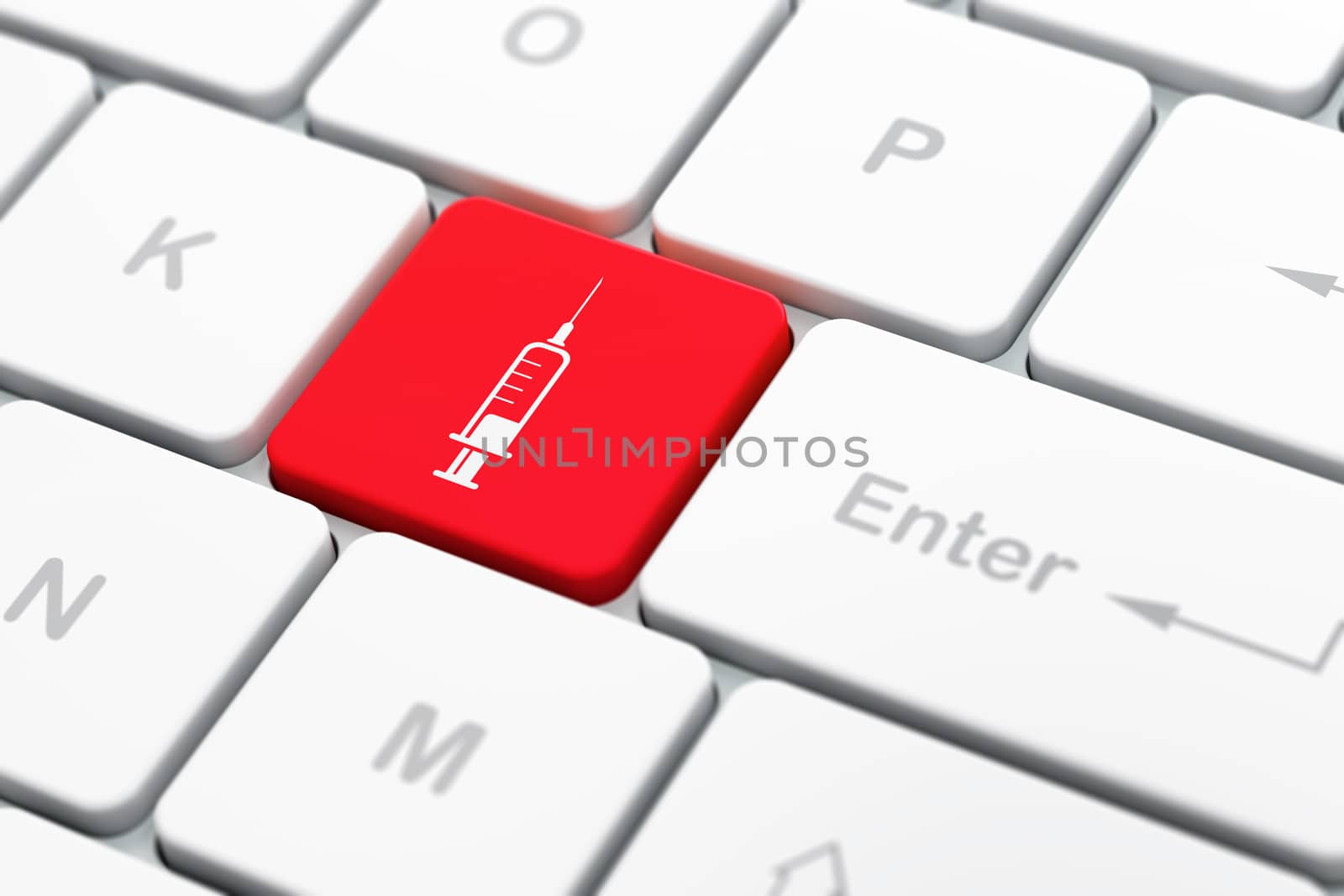 Medicine concept: computer keyboard with Syringe icon on enter button background, selected focus, 3d render