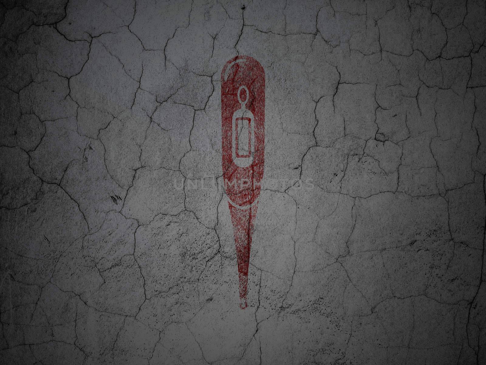 Healthcare concept: Red Thermometer on grunge textured concrete wall background