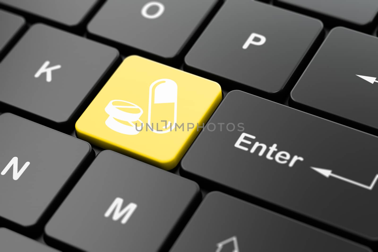 Medicine concept: computer keyboard with Pills icon on enter button background, 3d render