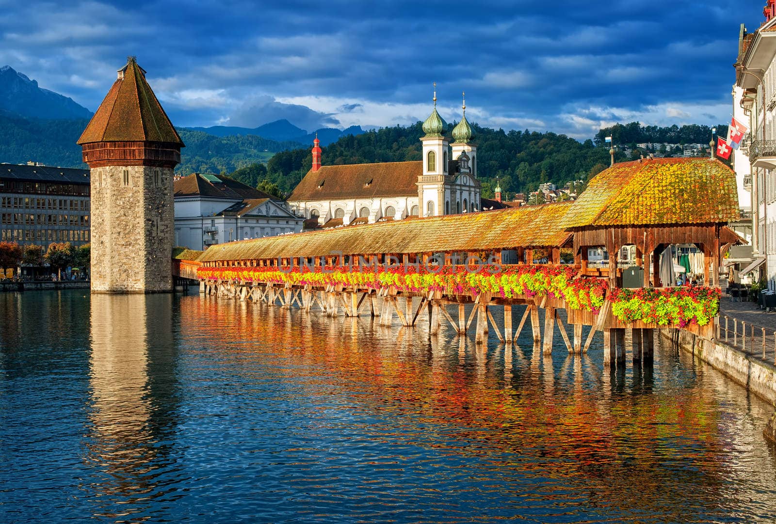 Lucerne, Switzerland, Chapel Bridge, Water Tower, Jesuit Church  by GlobePhotos