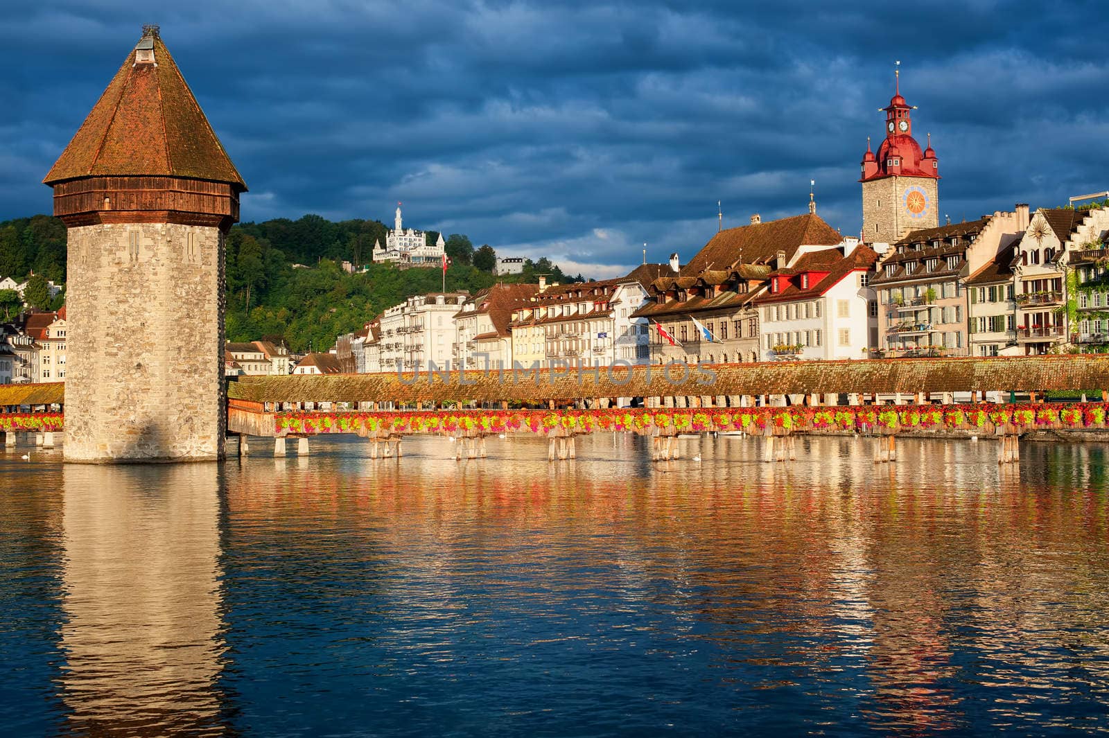 Lucerne, Switzerland, view over the old town with Chapel Bridge, Water Tower, Gutsch palace