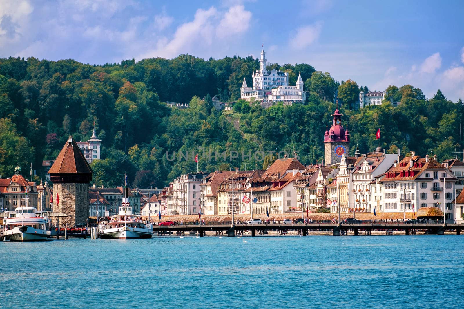 Lucerne, Switzerland, view of the old town from Lake Lucerne by GlobePhotos