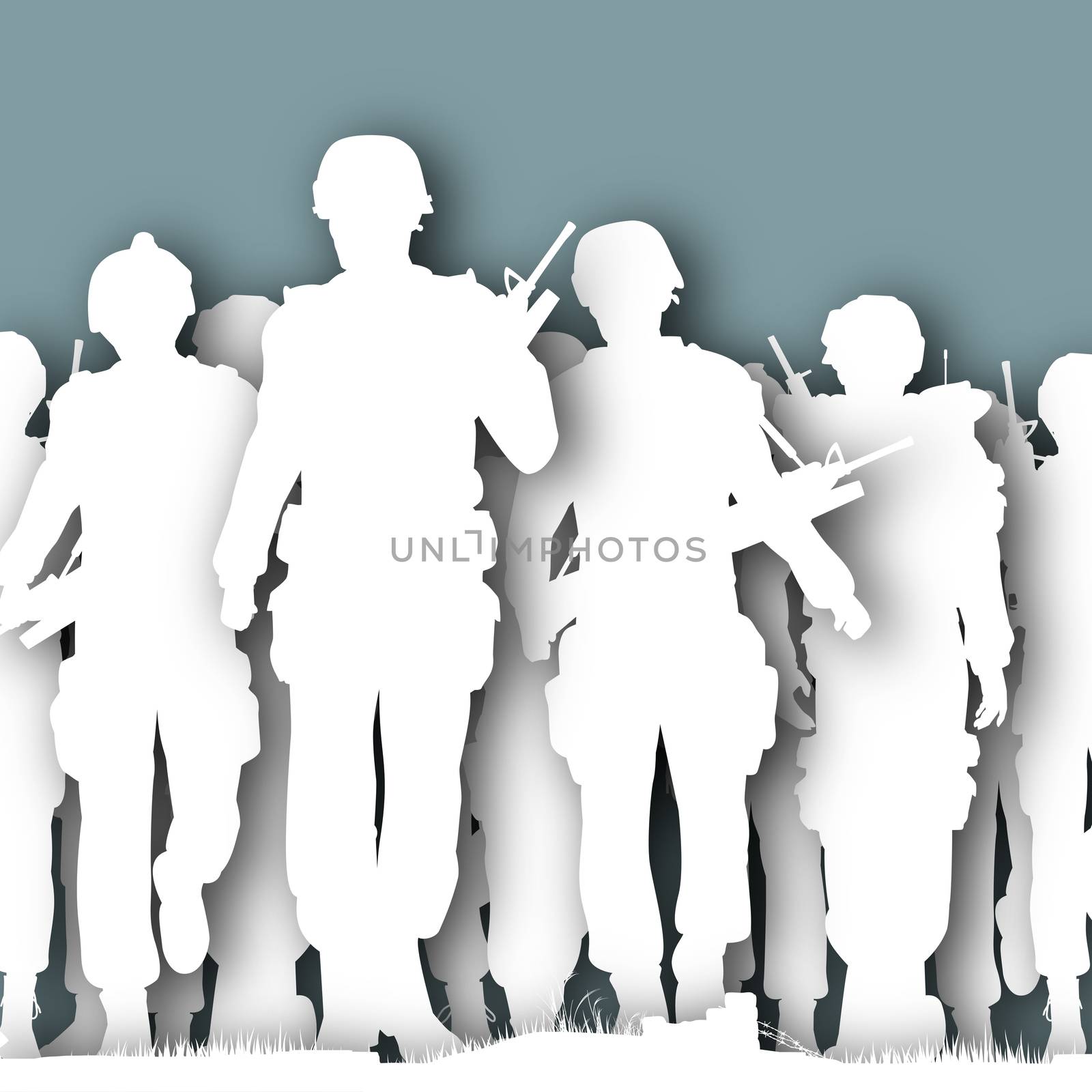 illustrated cutout silhouettes of armed soldiers walking together