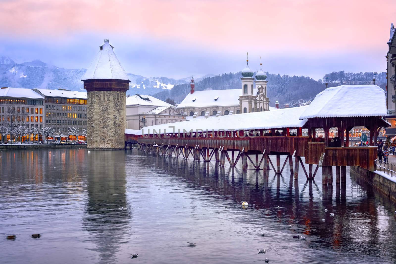 Lucerne, Switzerland, Chapel bridge, Water tower and Jesuit chur by GlobePhotos