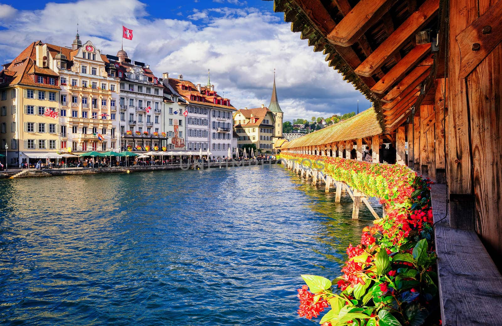 Lucerne, Switzerland, view from the famous wooden Chapel Bridge to the old town