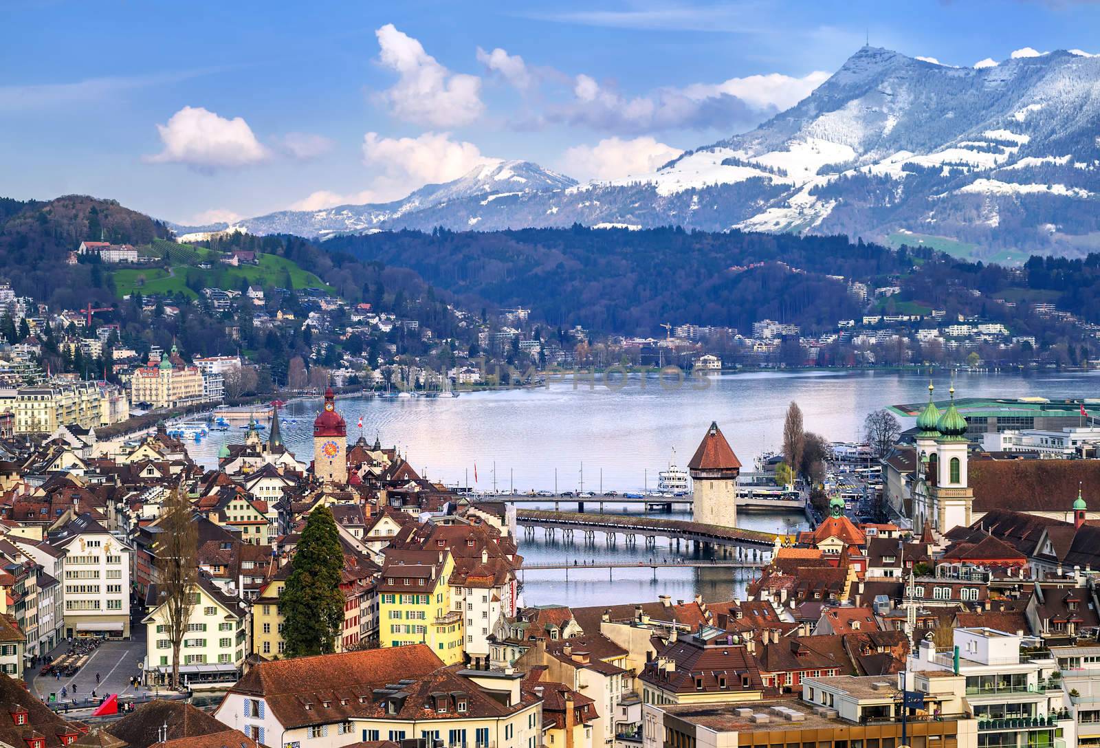 Lucerne, Switzerland, aerial view of the old town, lake and Rigi by GlobePhotos