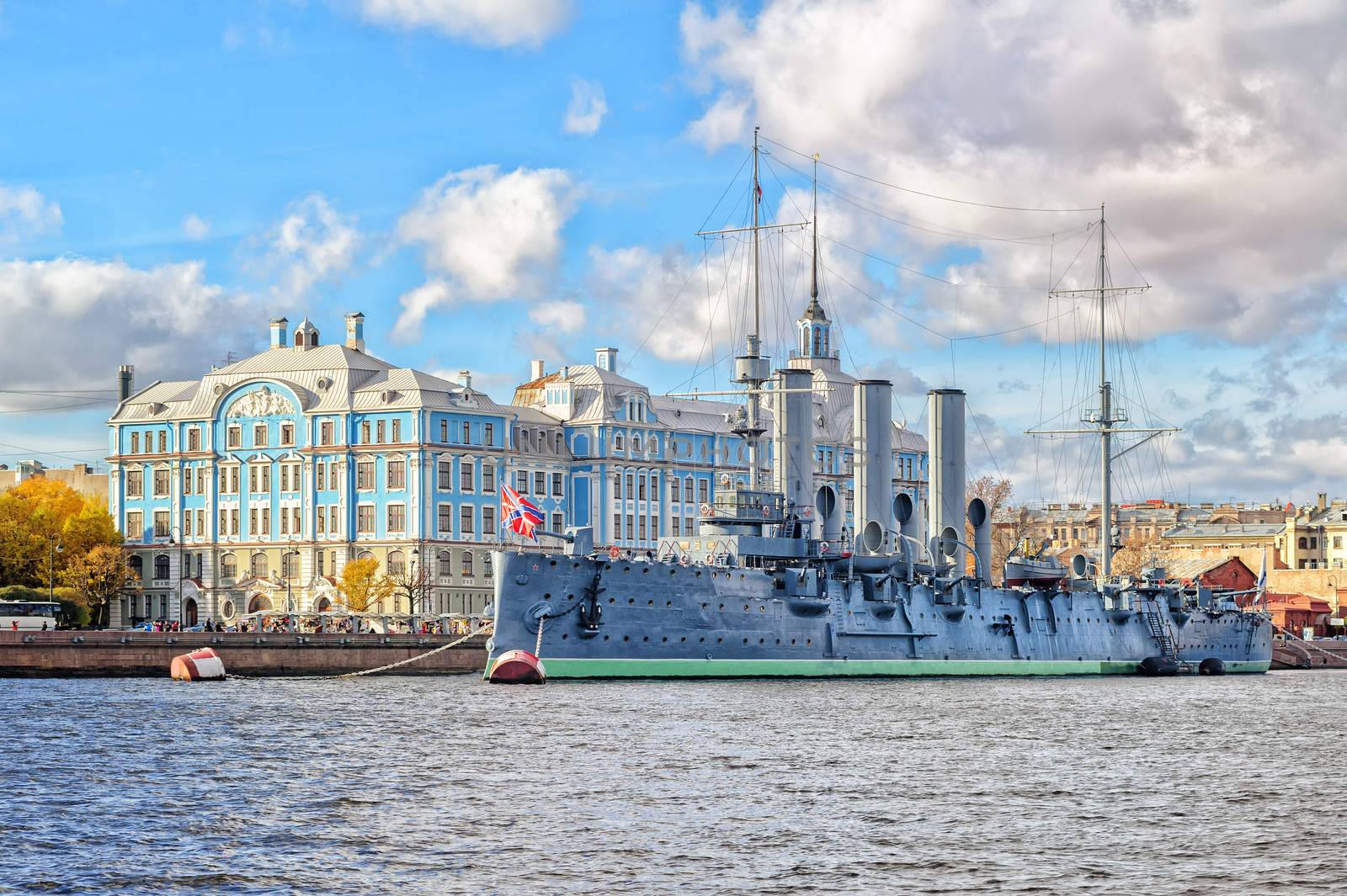 Aurora Cruiser played an important role in October Revolution 1917, St Petersburg, Russia