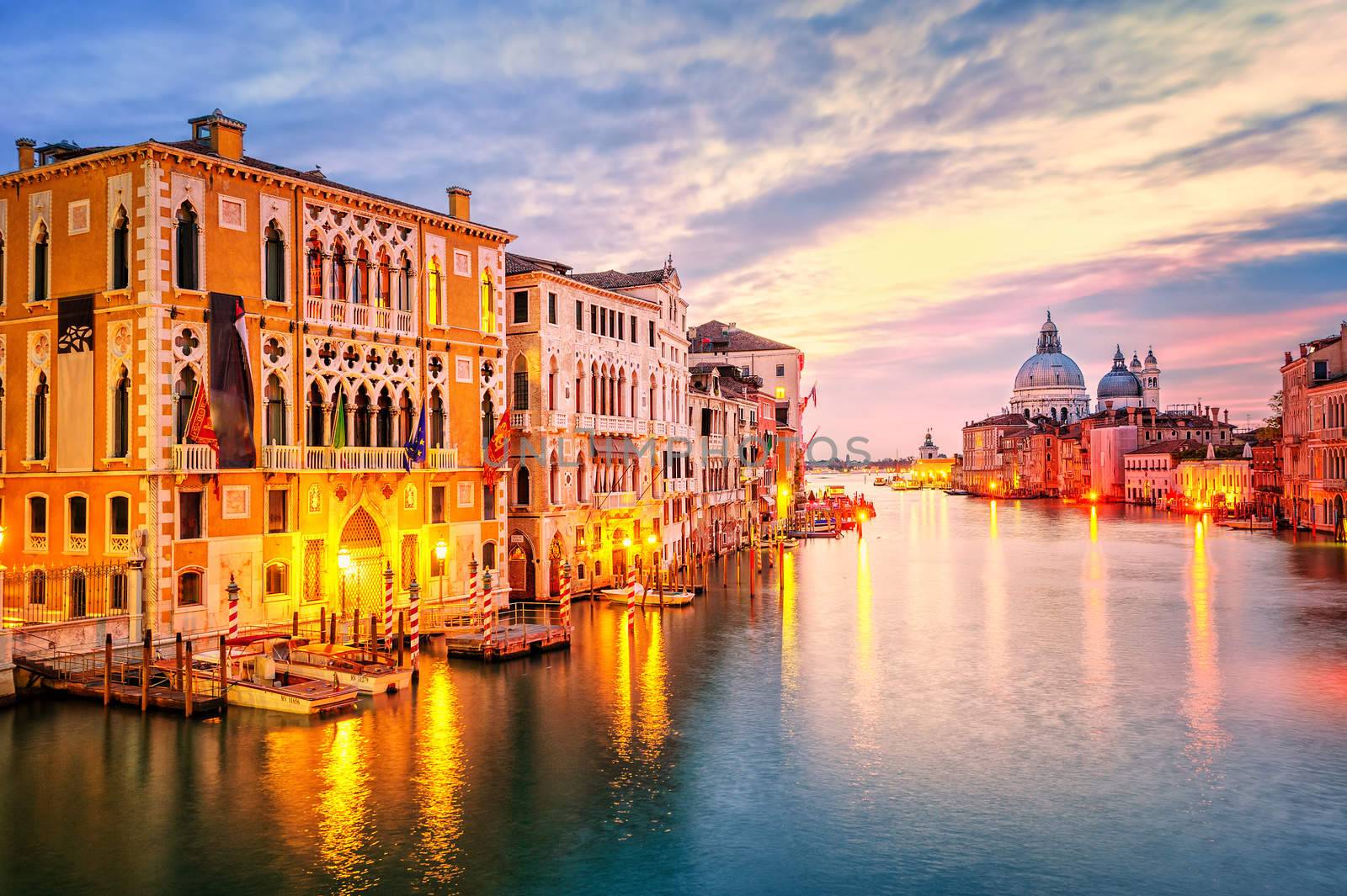 The Grand Canal and basilica Santa Maria della Salute on sunrise, Venice, Italy