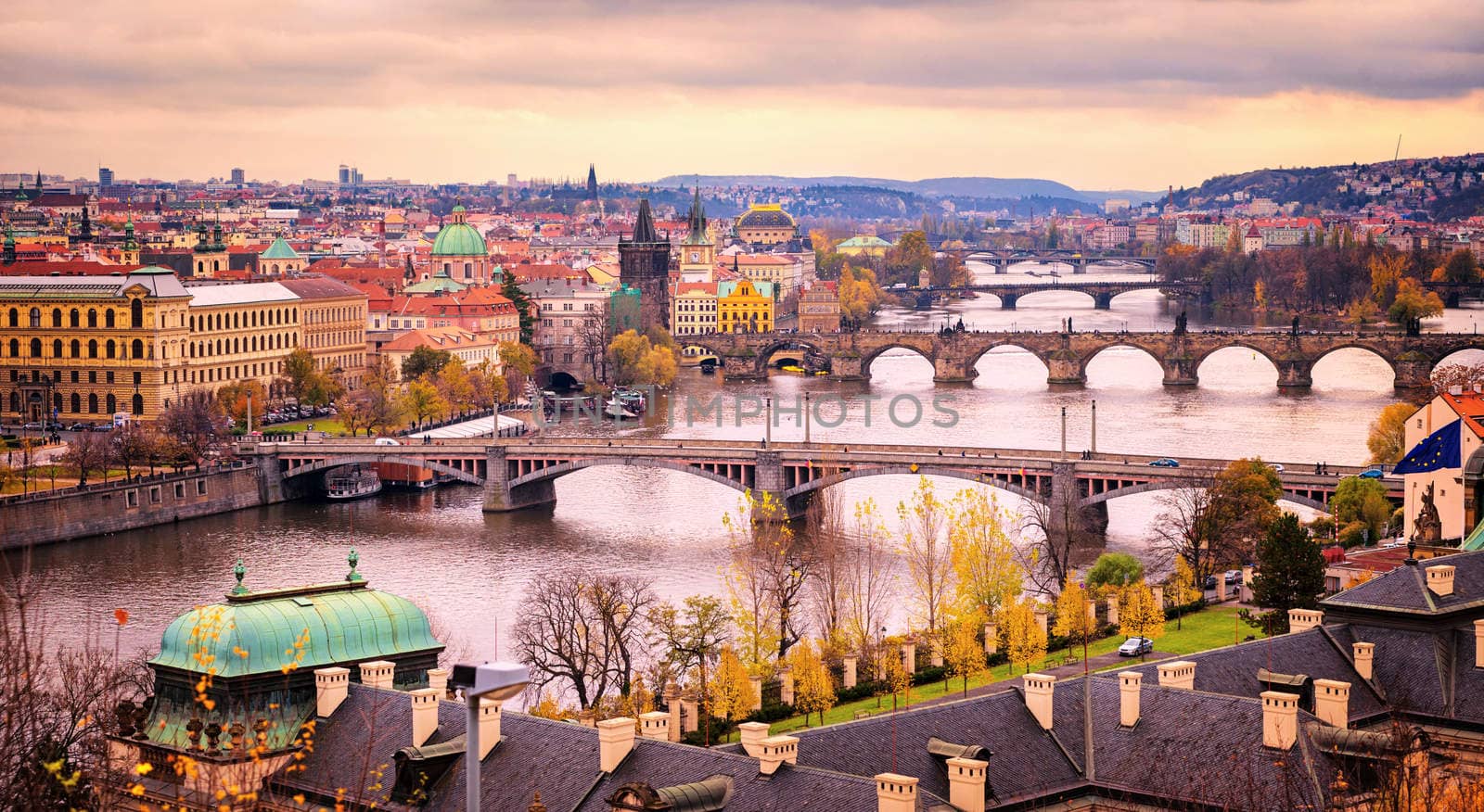 Prague bridge panorama in sunset light, Czech Republic