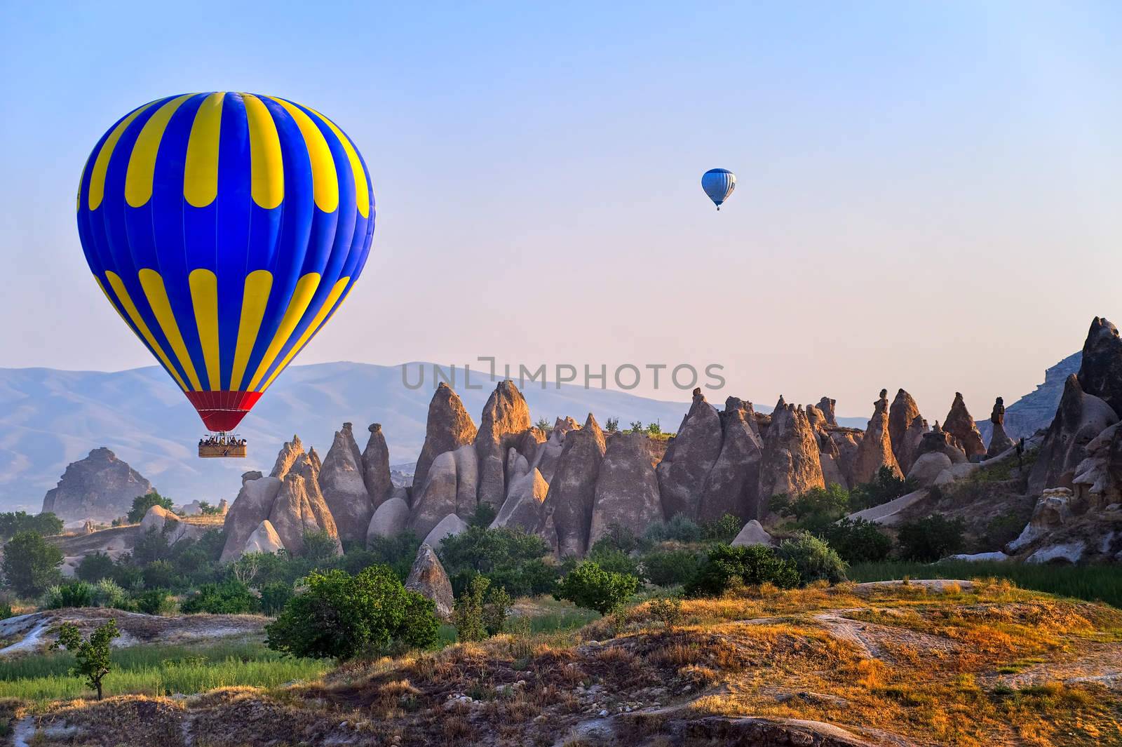 Cappadocia hot air balloon flying over bizarre rock landscape in by GlobePhotos