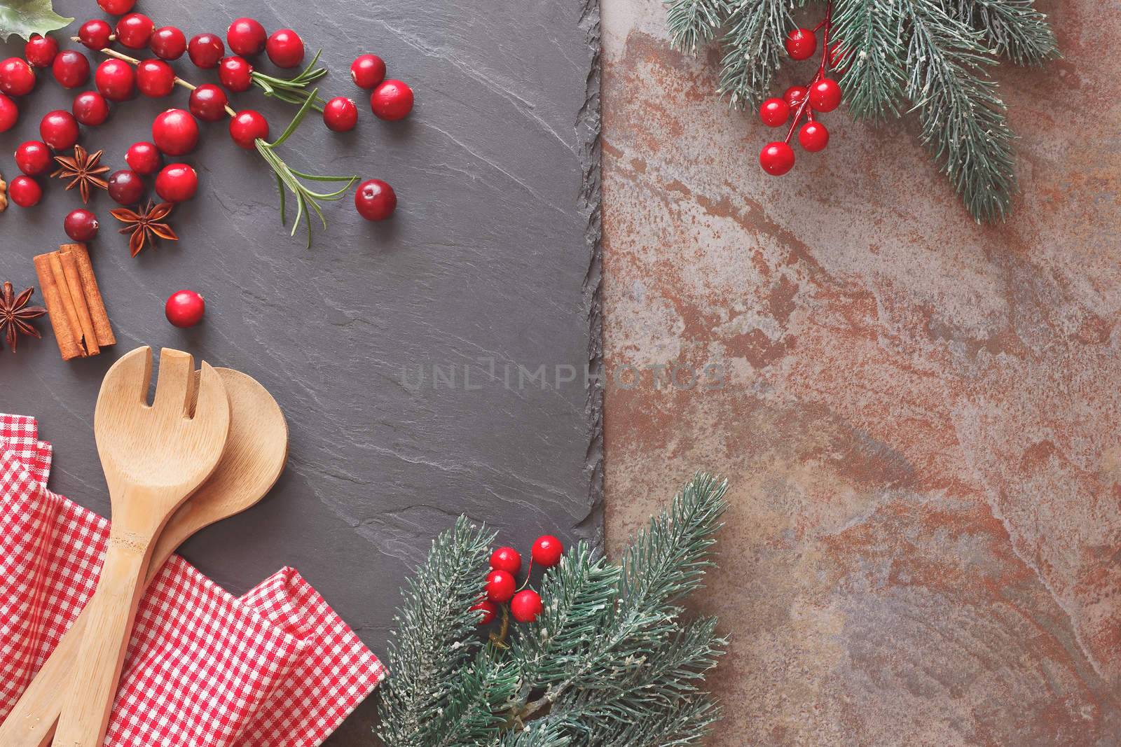 Baking concept background with utensils for Christmas cake. Top view, vintage style, blank space