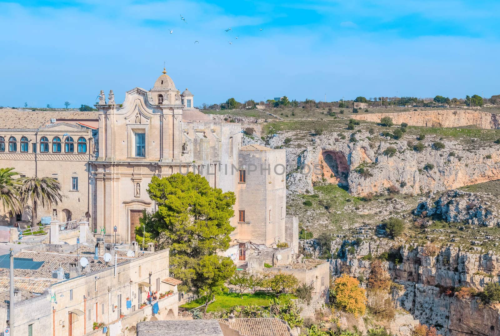 Church of St. Agostino. Matera in Italy UNESCO European Capital of Culture 2019 under blue sky