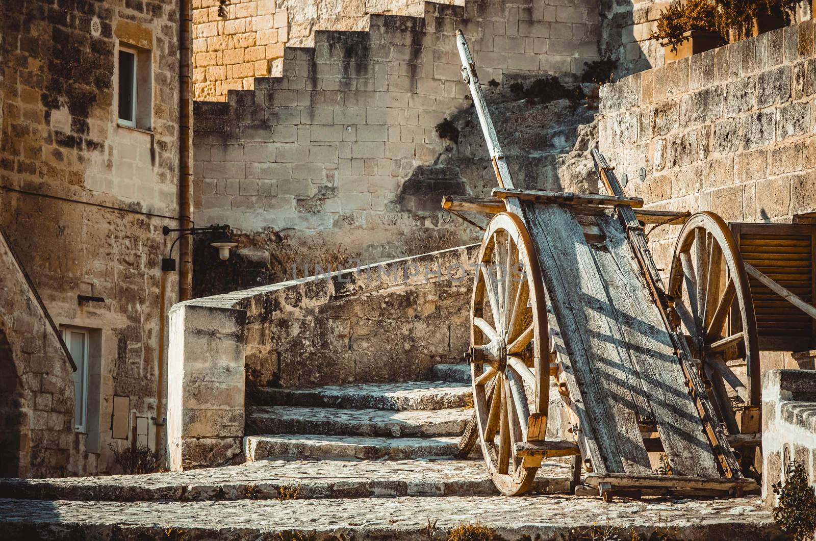 old historical wood wagon typical tool used in the past, in Matera, Italy UNESCO European Capital of Culture 2019