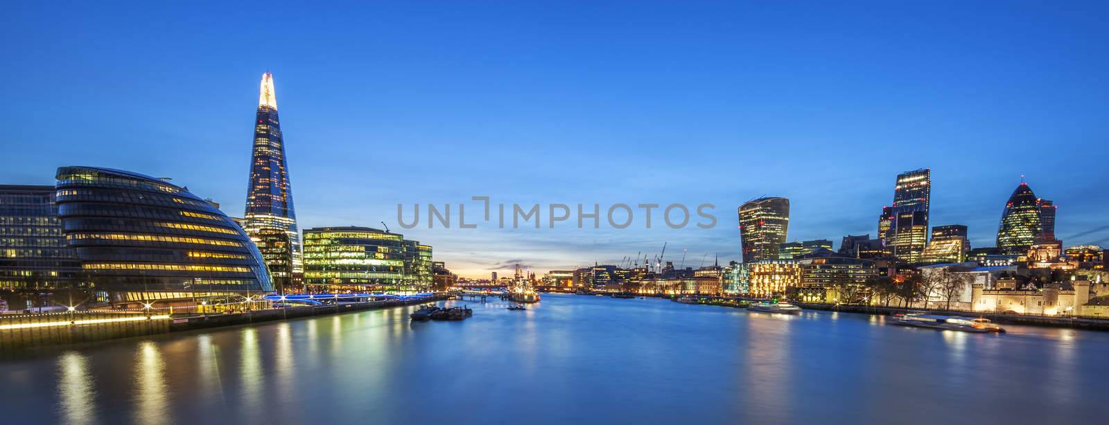 Panoramic view of london skyline from the Tower Bridge.