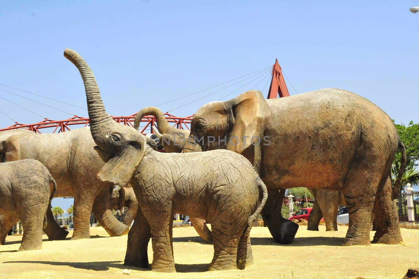 Sculptures of elephants on a roundabout