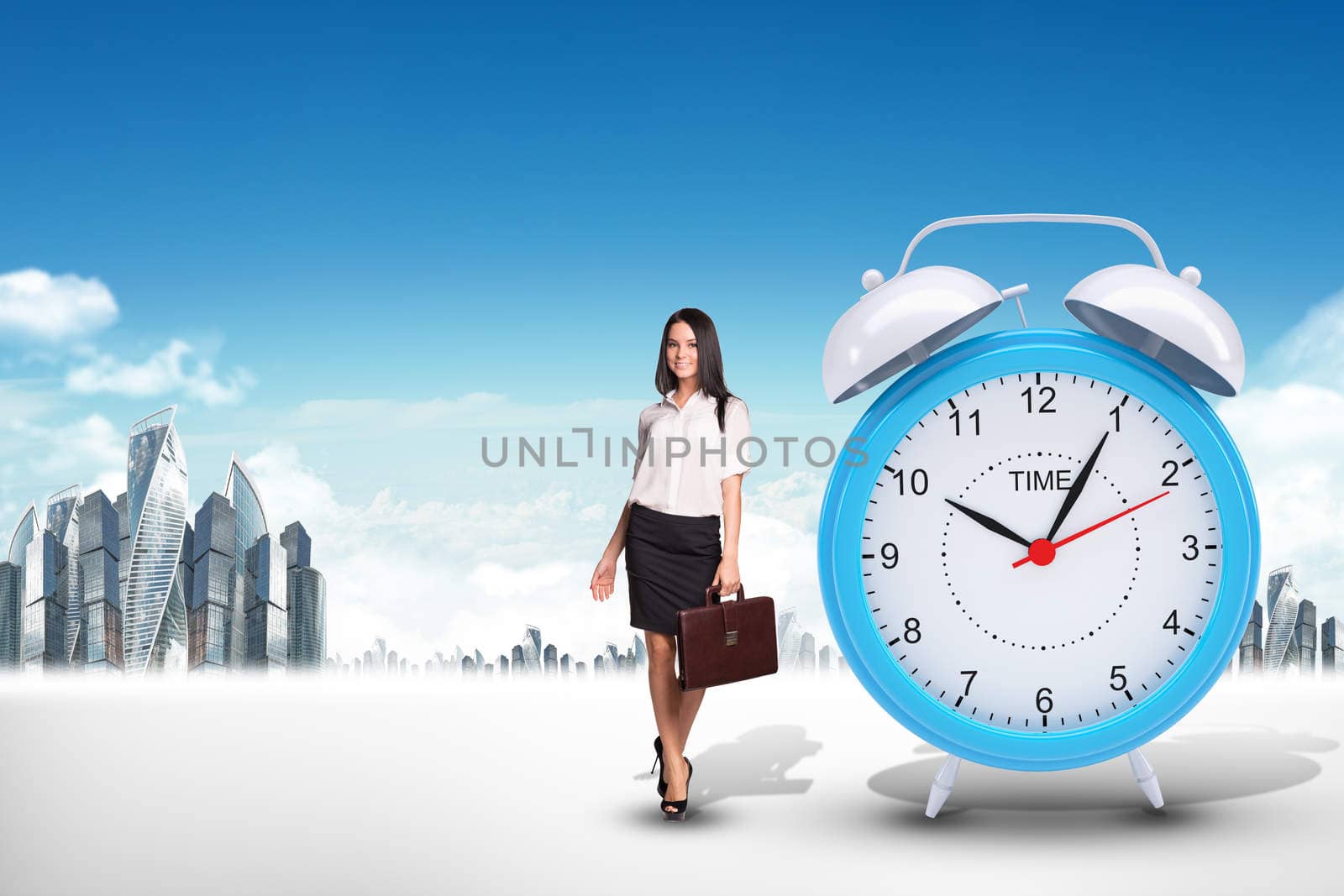 Buisnesswoman with big alarm clock on city background