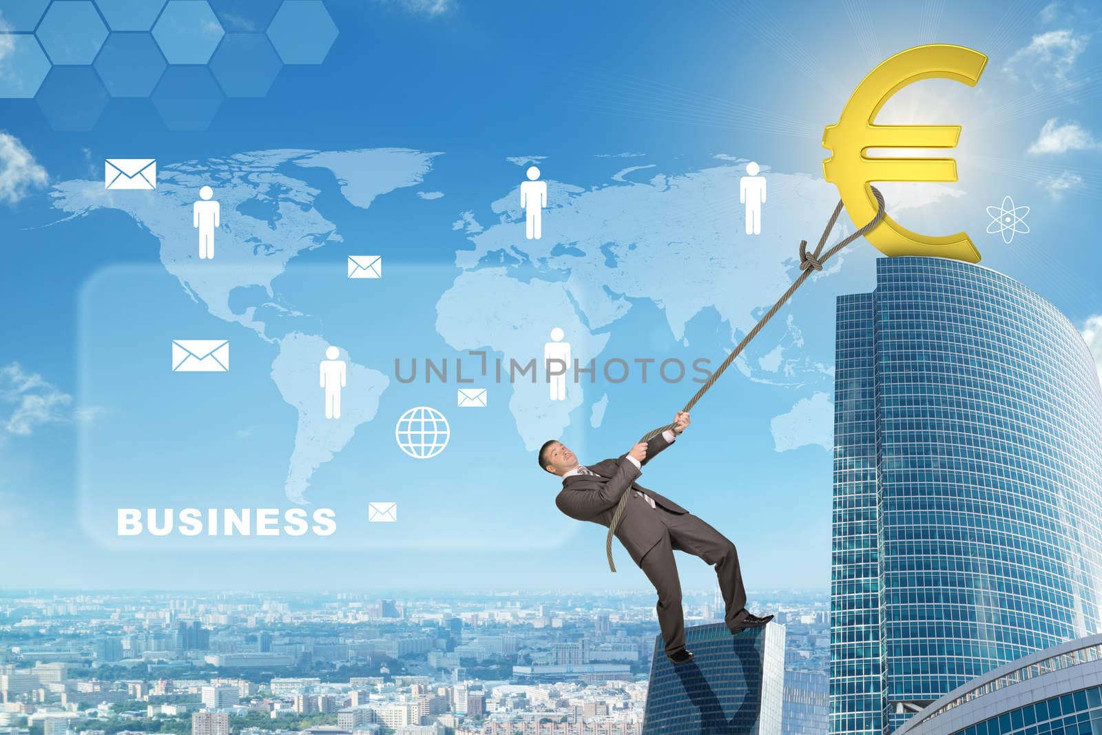 Businessman climbing skyscraper holding golden euro sign