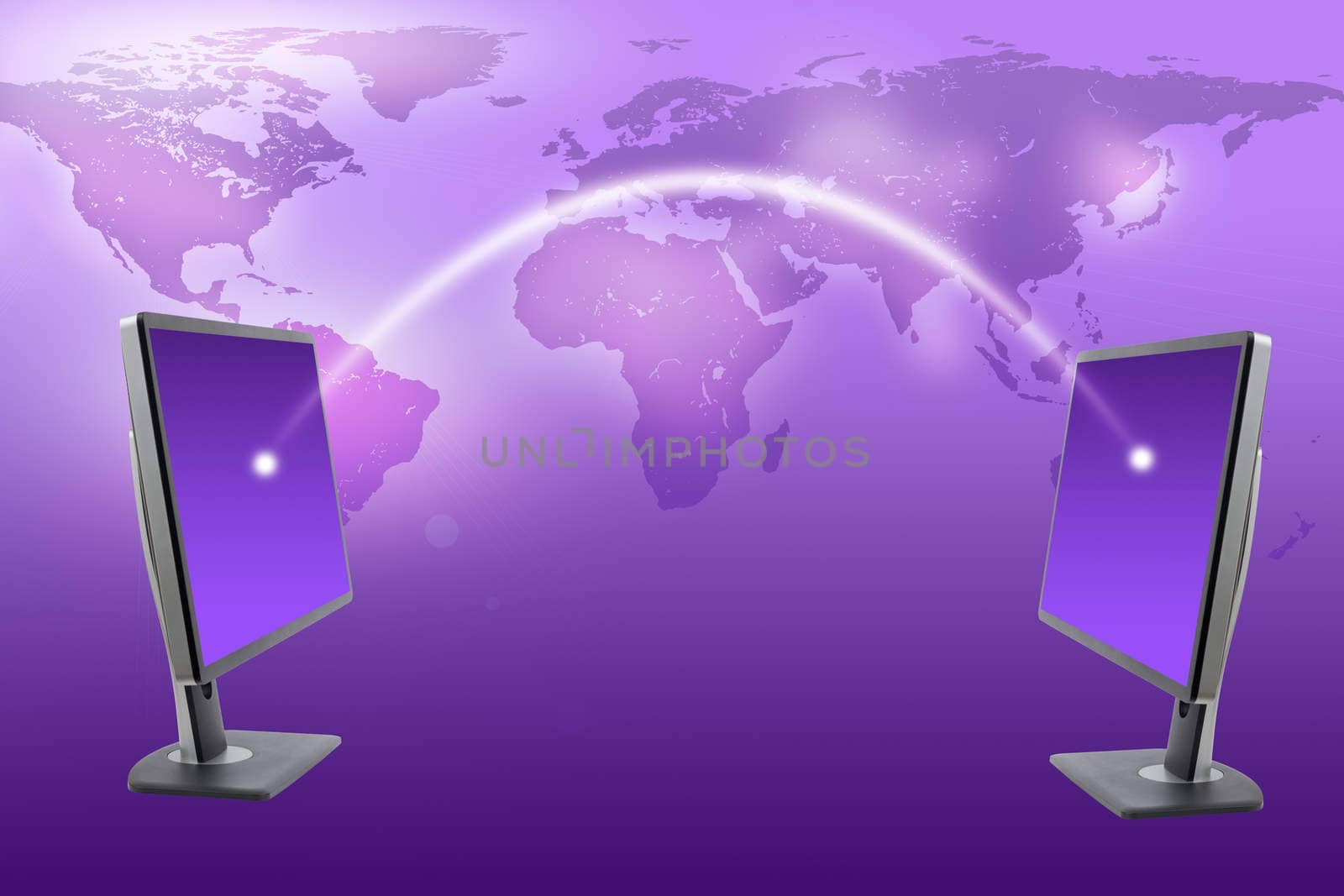 Monitors with world map on purple by cherezoff