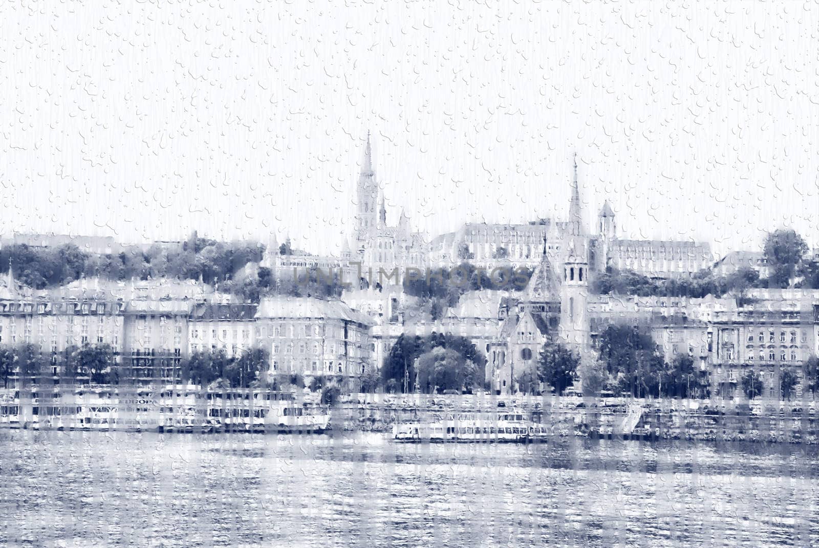 View  Buda side of Budapest with the Buda Castle, St. Matthias and Fishermen's Bastion in the heavy rain. Vintage style