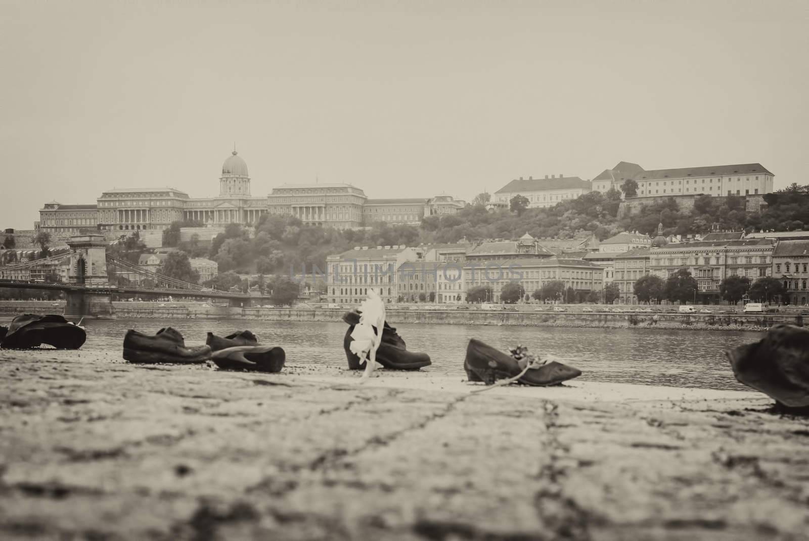 BUDAPEST, HUNGARY - October 12: Iron shoes memorial to Jewish people executed WW2 in Budapest Hungary on October 12, 2015