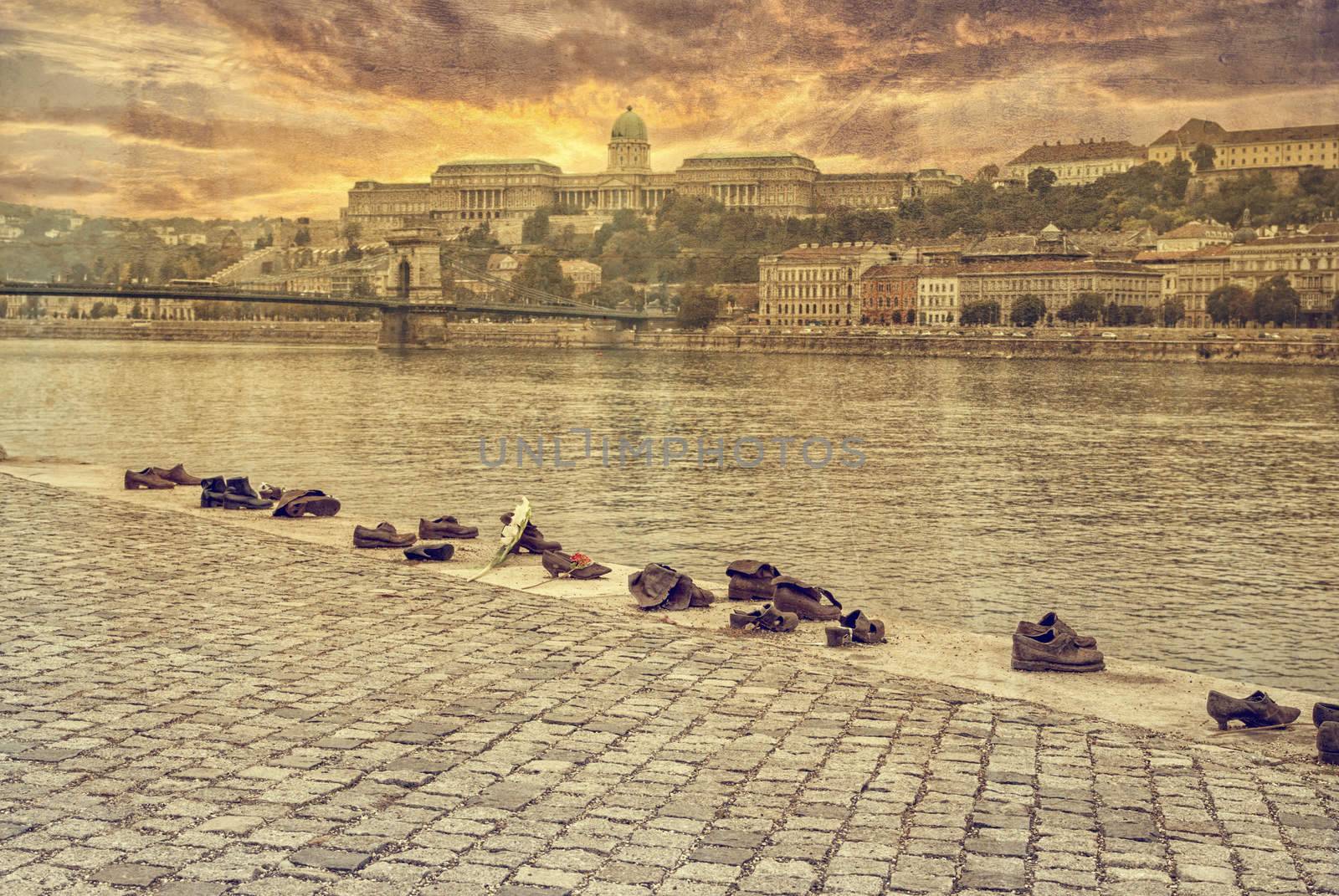 BUDAPEST, HUNGARY - October 12: Iron shoes memorial to Jewish people executed WW2 in Budapest Hungary on October 12, 2015 by Zhukow