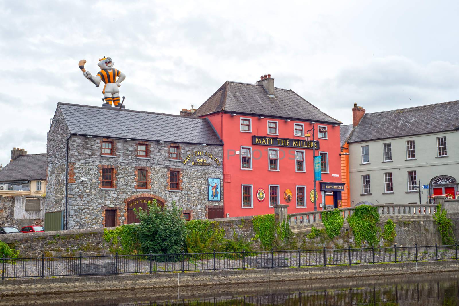 kilkenny riverside bar with inflatable cat on the roof in ireland