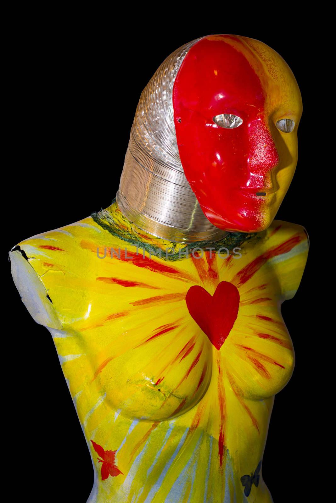 front of a multi colored artistic painted female mannequin torso with clipping path
