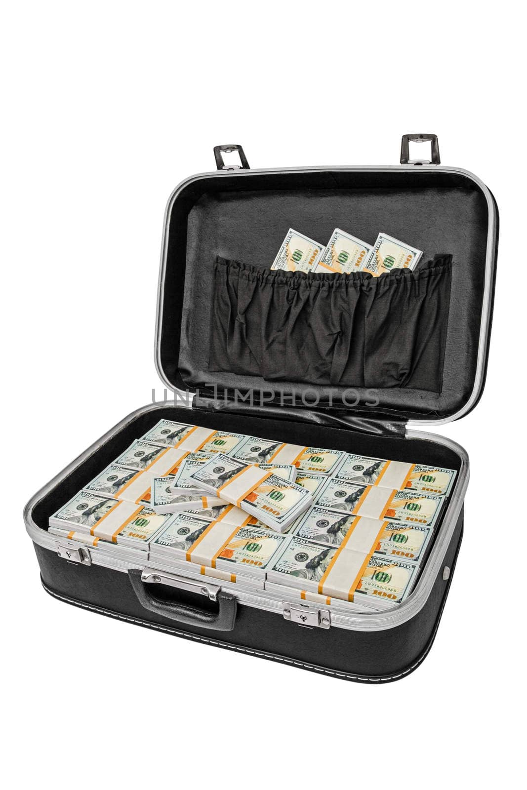 Lot of money in a suitcase isolated on white, with clipping path