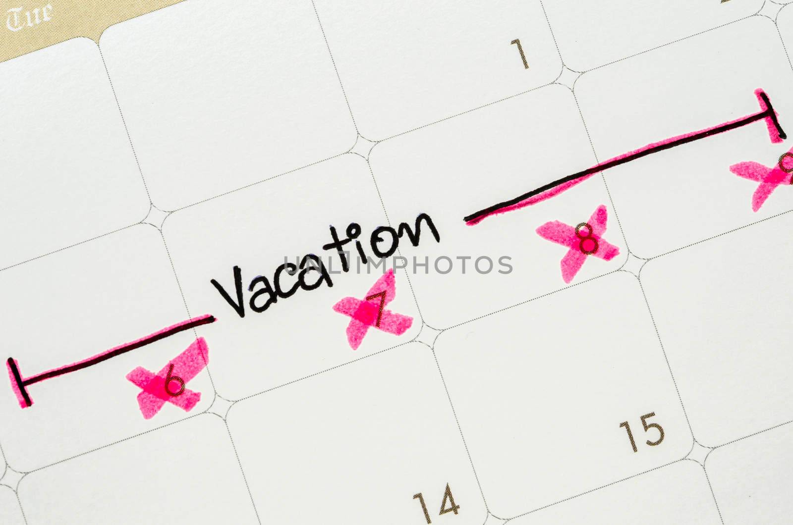 The word vacation is written on a calendar page