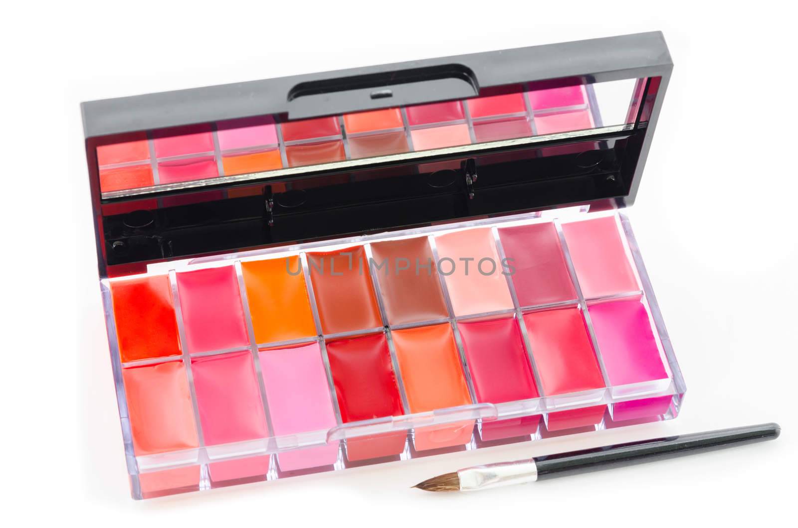 Lipstick and lipgloss makeup palette isolated on white background.