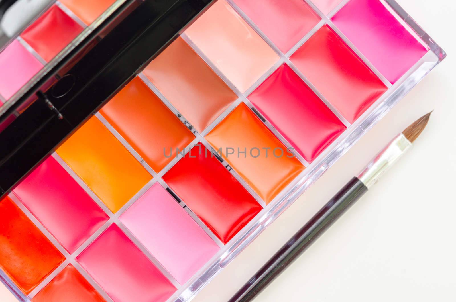 Lipstick and lipgloss makeup palette isolated on white background.
