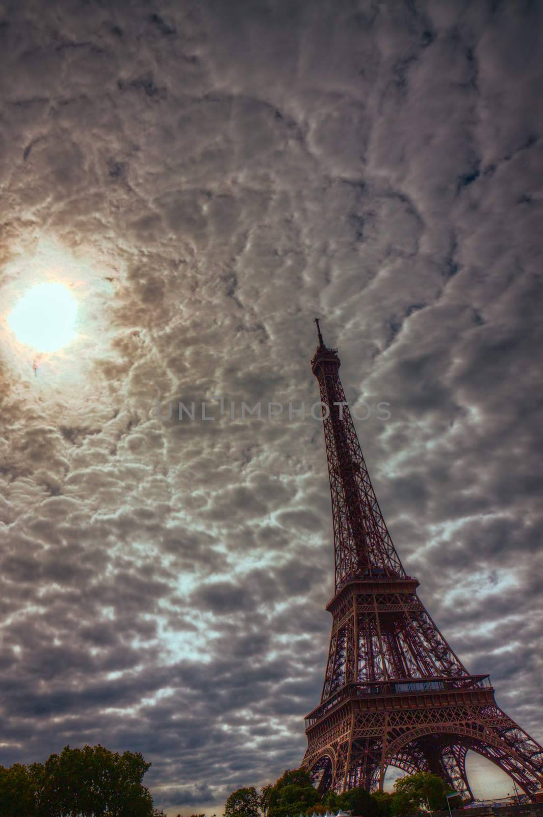 Dramatic clouds over Eiffel Tower in Paris, France