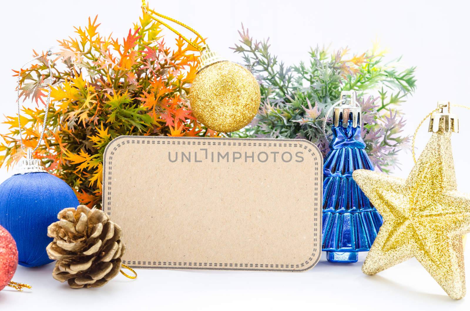 Blank tag paper and decoration christmas on white background.