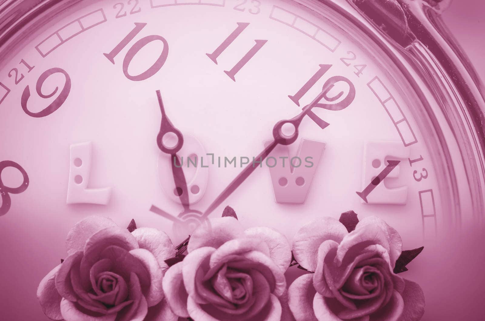 Vintage pink roses flower and love face time background. Time and love concept.
