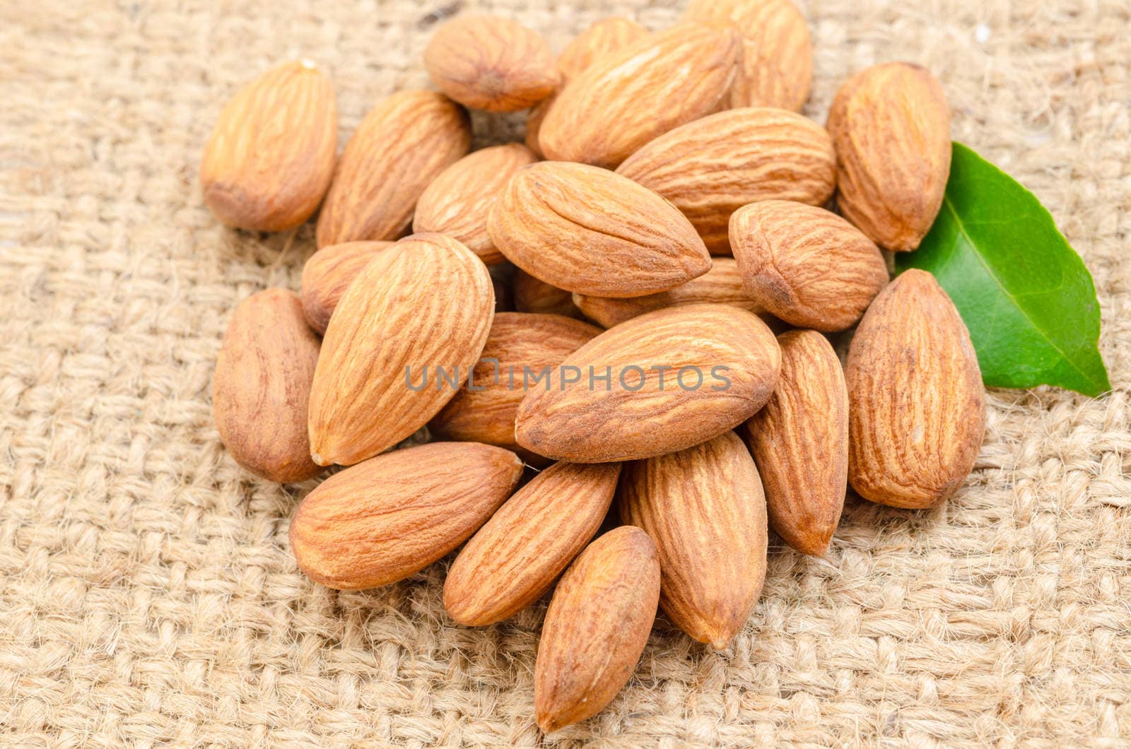 Raw almond with green leaf on sack background.