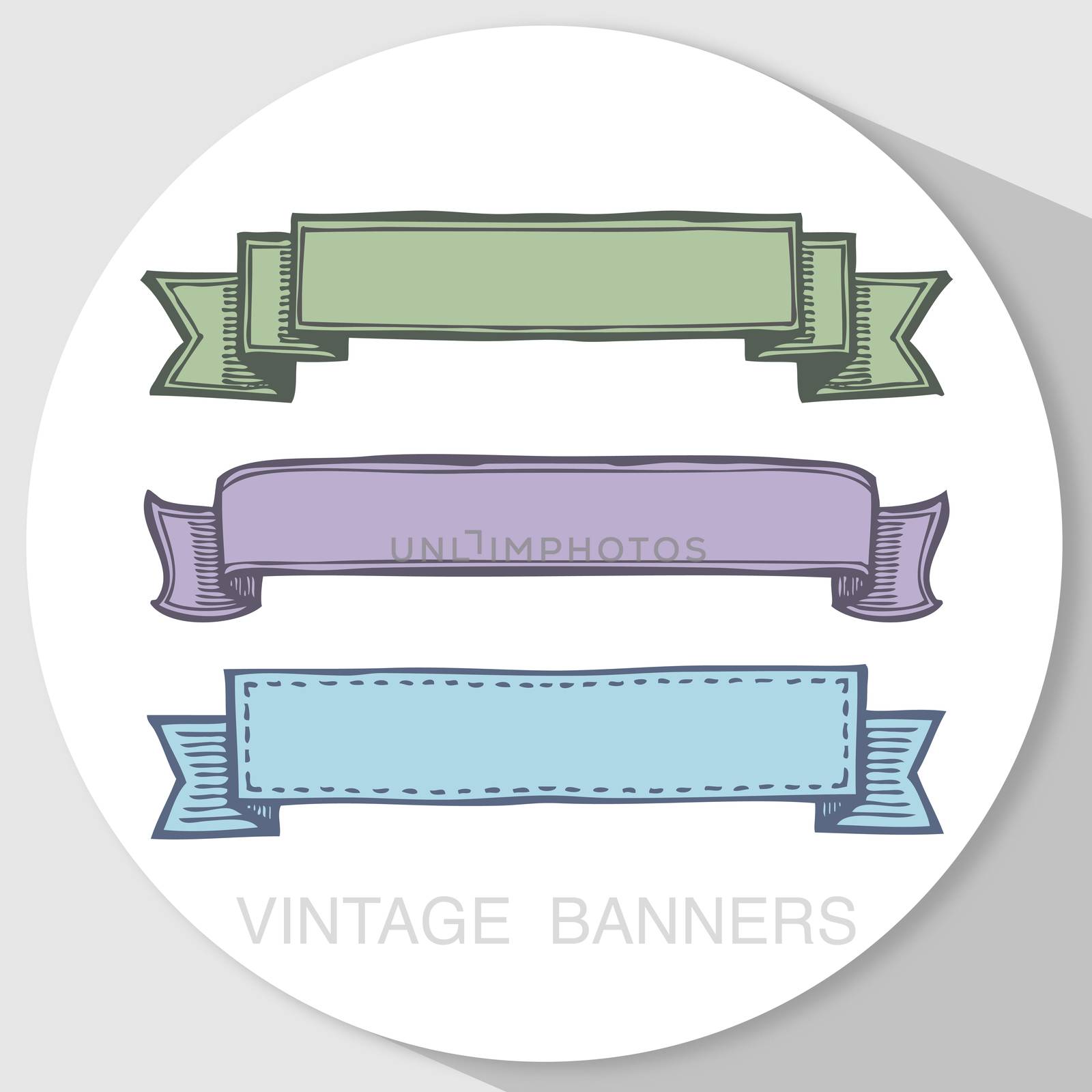 Freehand illustration of set of grunge ribbon banners on white background, doodle hand drawn