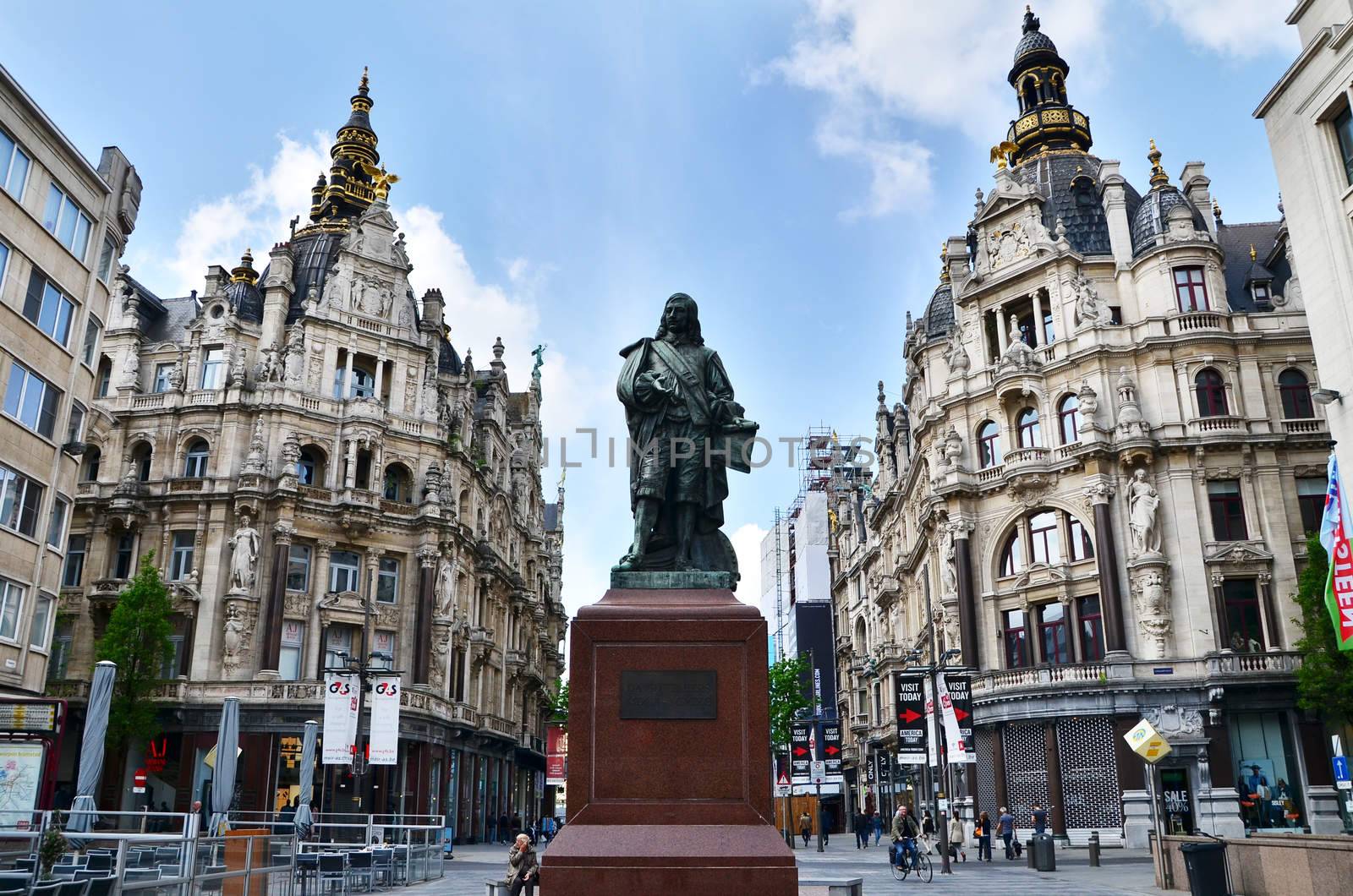 Antwerp, Belgium - May 10, 2015: Statue of the 17th Century Flemish painter David Teniers the Younger at Teniersplaats in Antwerp against Mier main shopping street on May 10, 2015.