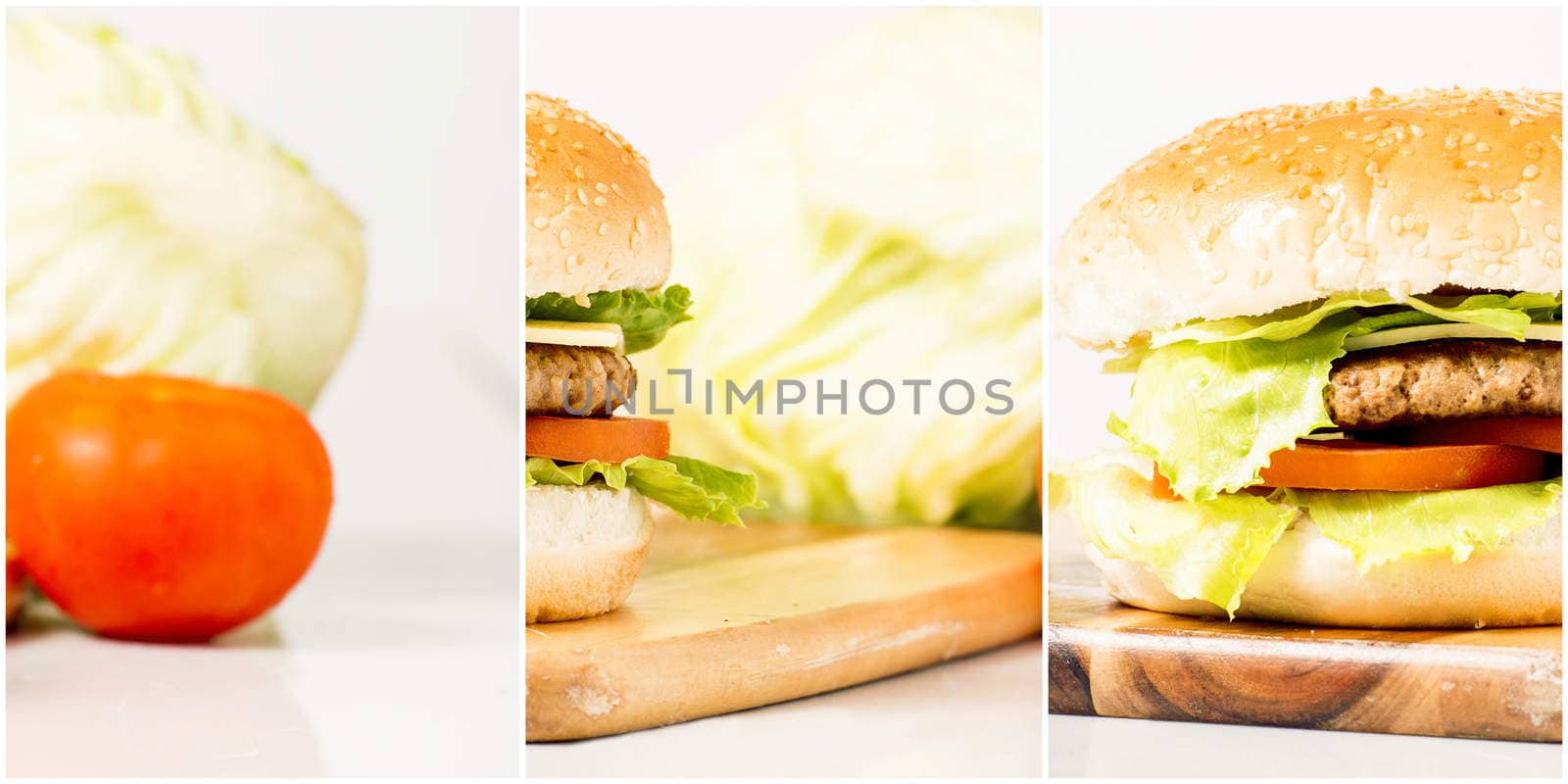 Hamburger with cheese and ingredients on a white background with a multi panel effect.