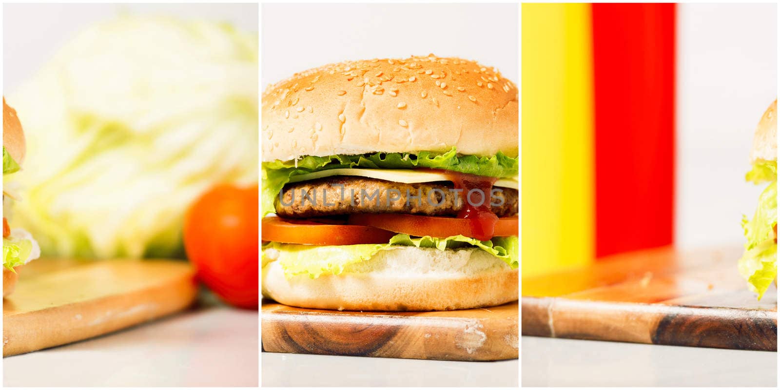 Hamburger with cheese and ingredients on a white background with a multi panel effect.