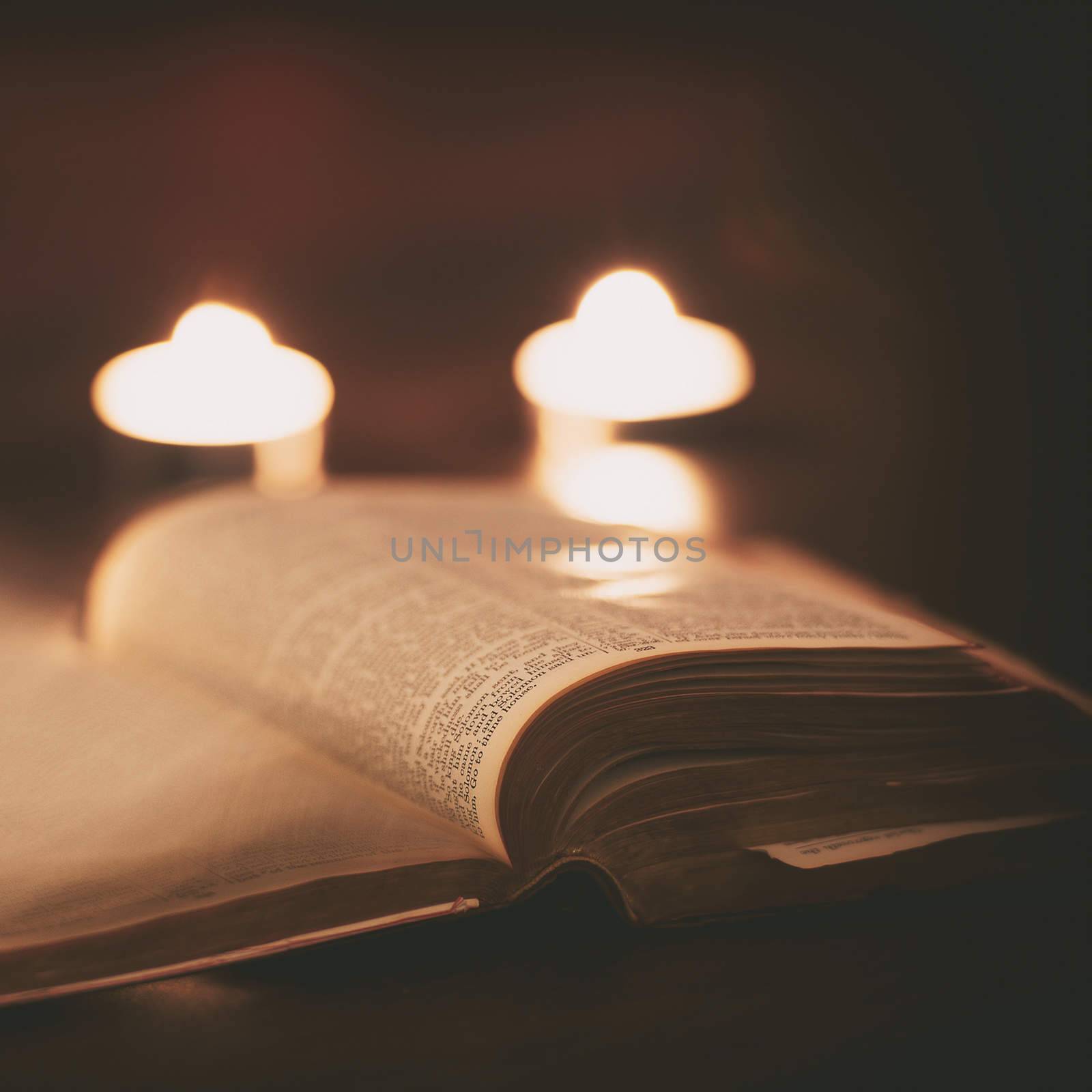 Bible with candles in the background. Low light scene.