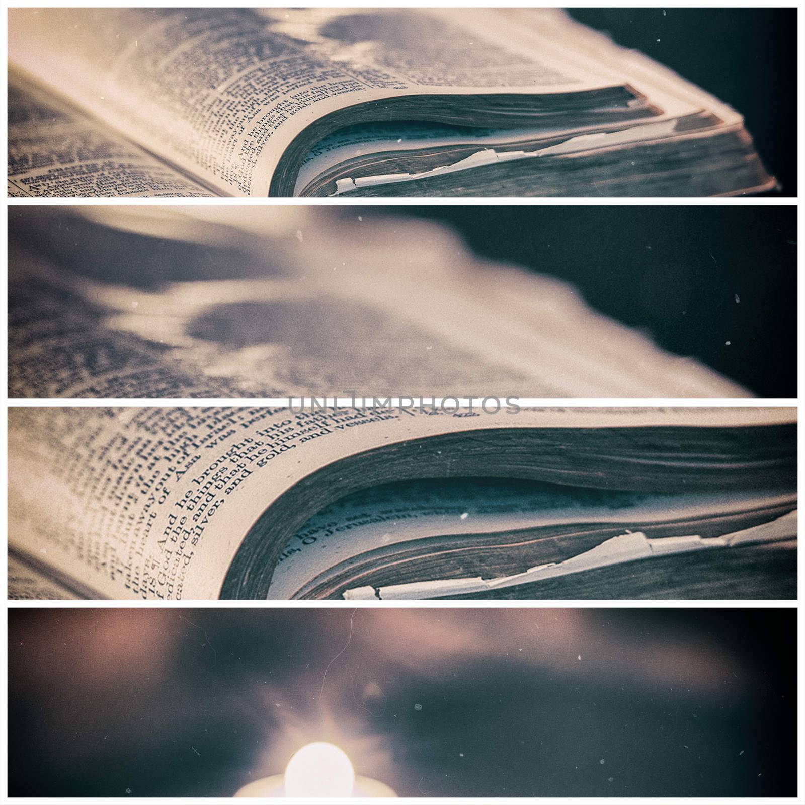 Bible with candles in the background. Low light scene with a multi panel aged and grain effect.