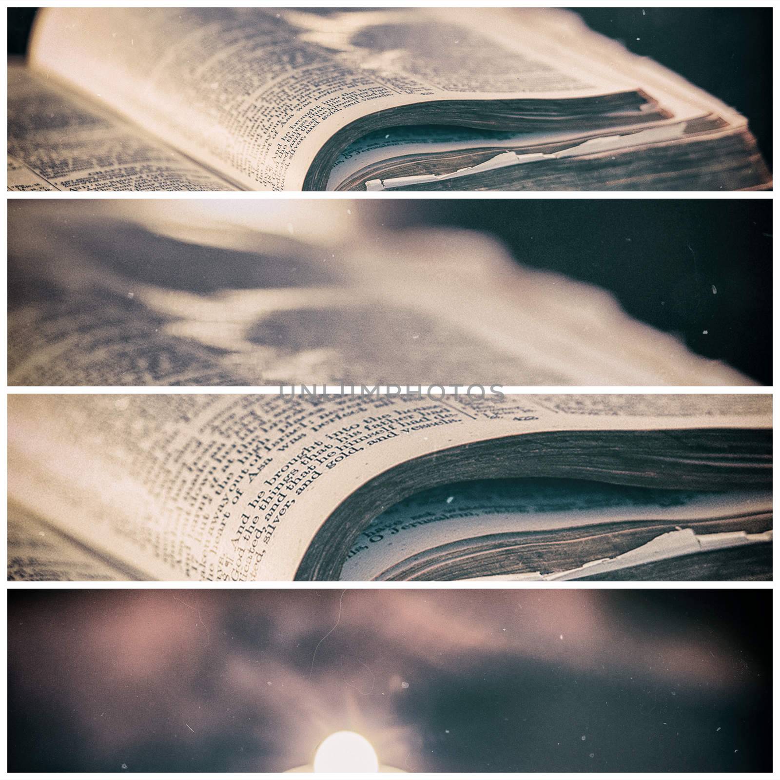 Bible with candles in the background. Low light scene with a multi panel aged and grain effect.